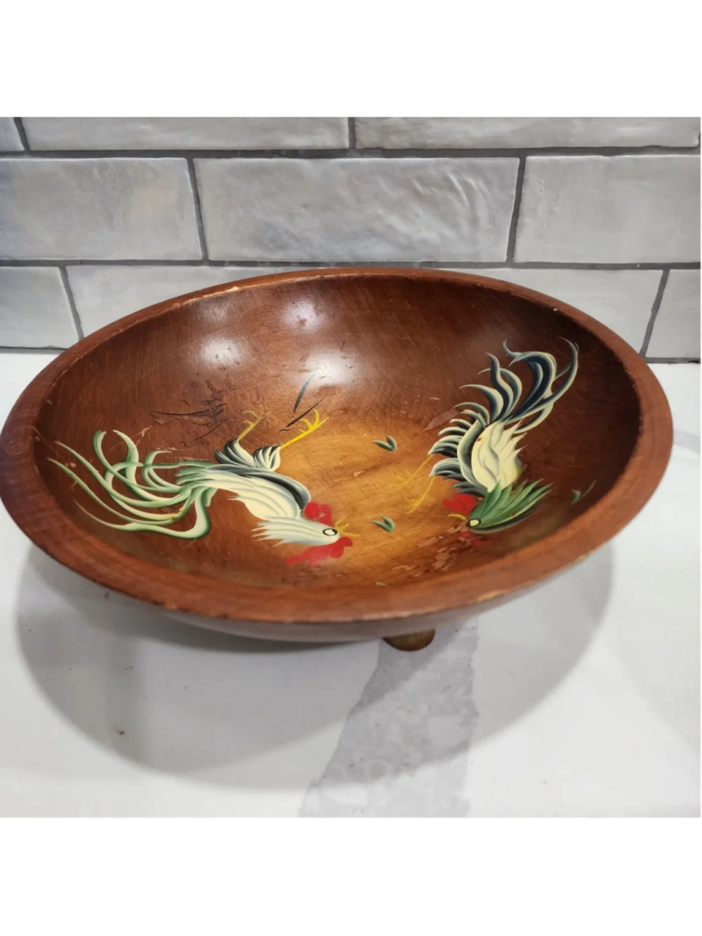 Vintage Munsing Hand Painted Rooster Wooden Footed Bowl Centerpiece 1O.5